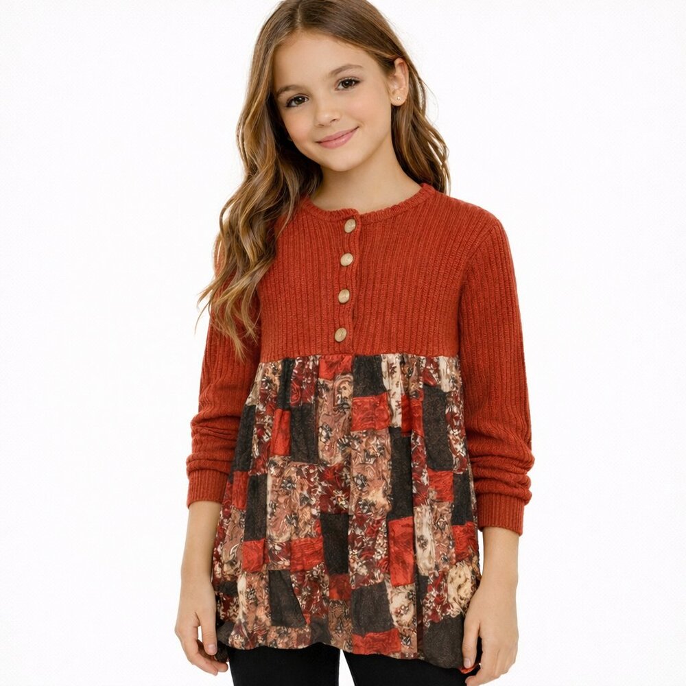 Vintage 90s Panache Red Multi Button Floral Patchwork Ribbed Sweater Tunic Retro